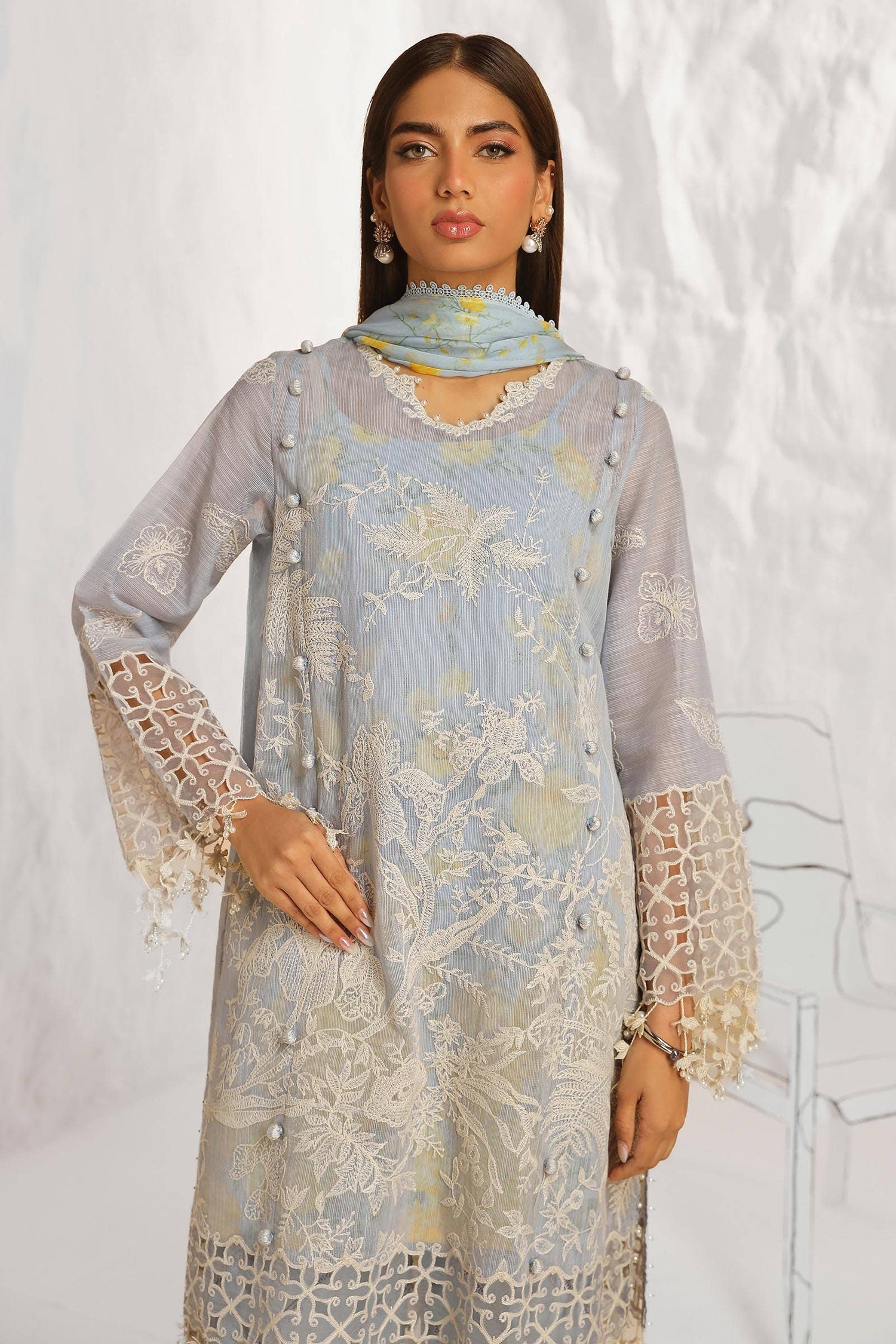 Sana Safinaz 3 Piece Custom Stitched Suit - Blue - LB286831