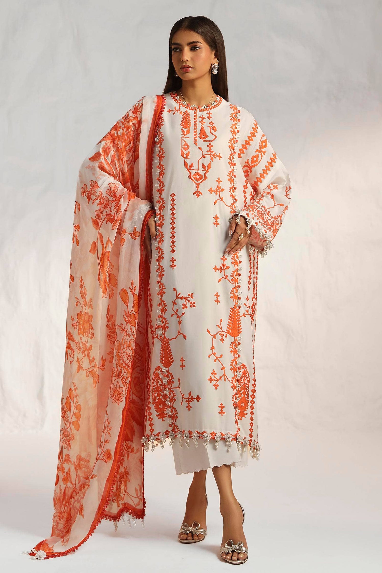 Sana Safinaz 3 Piece Custom Stitched Suit - Orange - LB286834