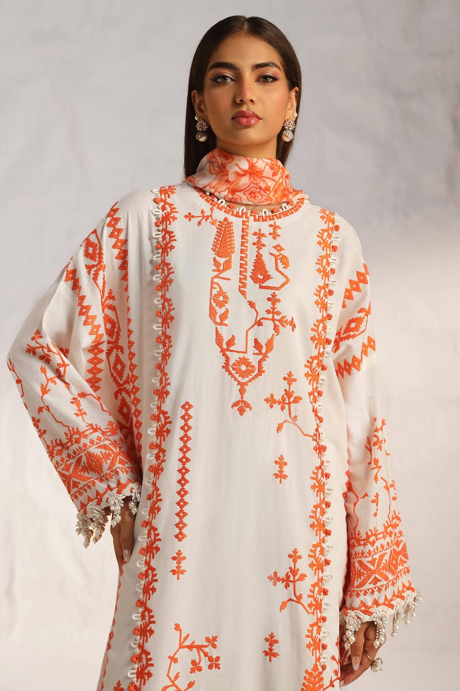 Sana Safinaz 3 Piece Custom Stitched Suit - Orange - LB286834