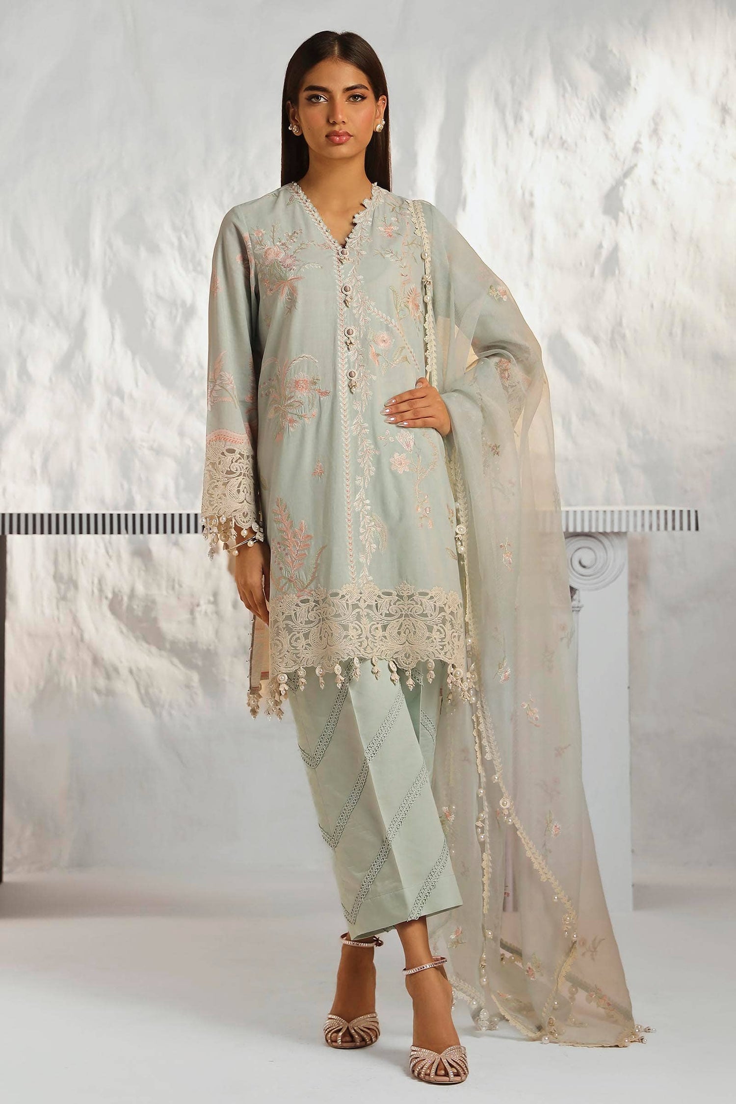 Sana Safinaz 3 Piece Custom Stitched Suit - Gray - LB286835