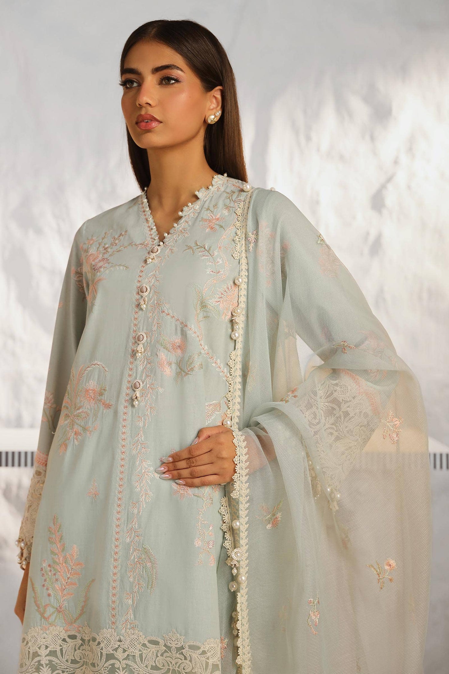 Sana Safinaz 3 Piece Custom Stitched Suit - Gray - LB286835