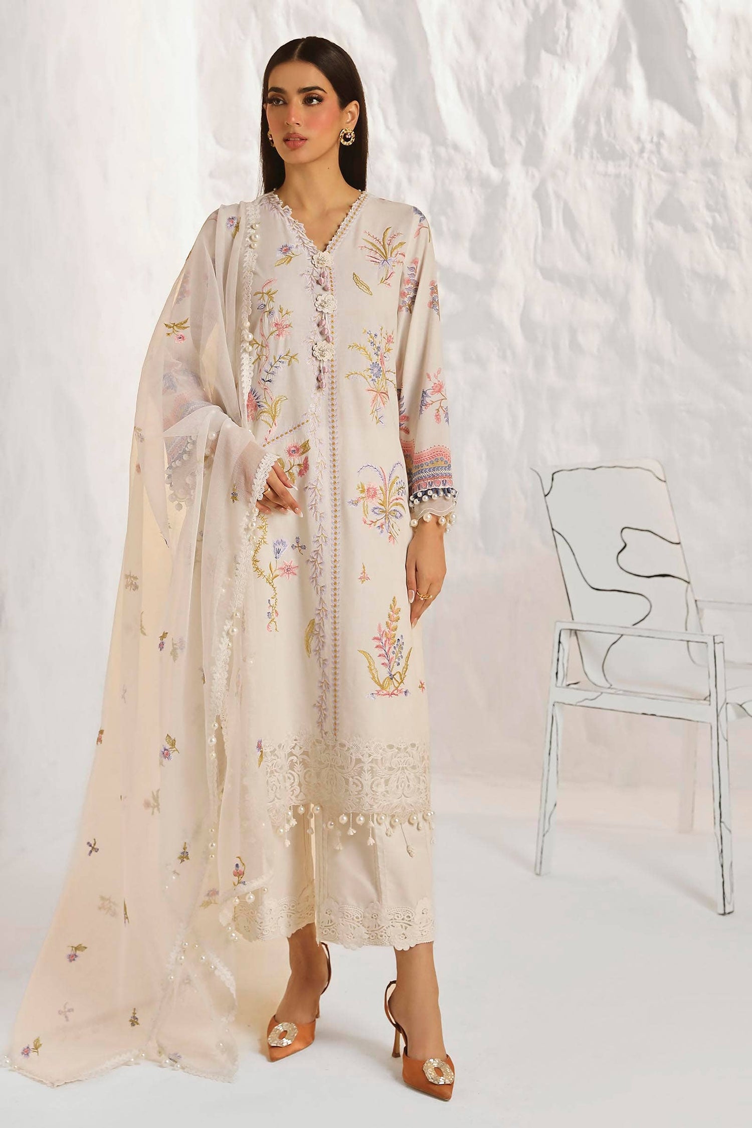 Sana Safinaz 3 Piece Custom Stitched Suit - Beige - LB286836