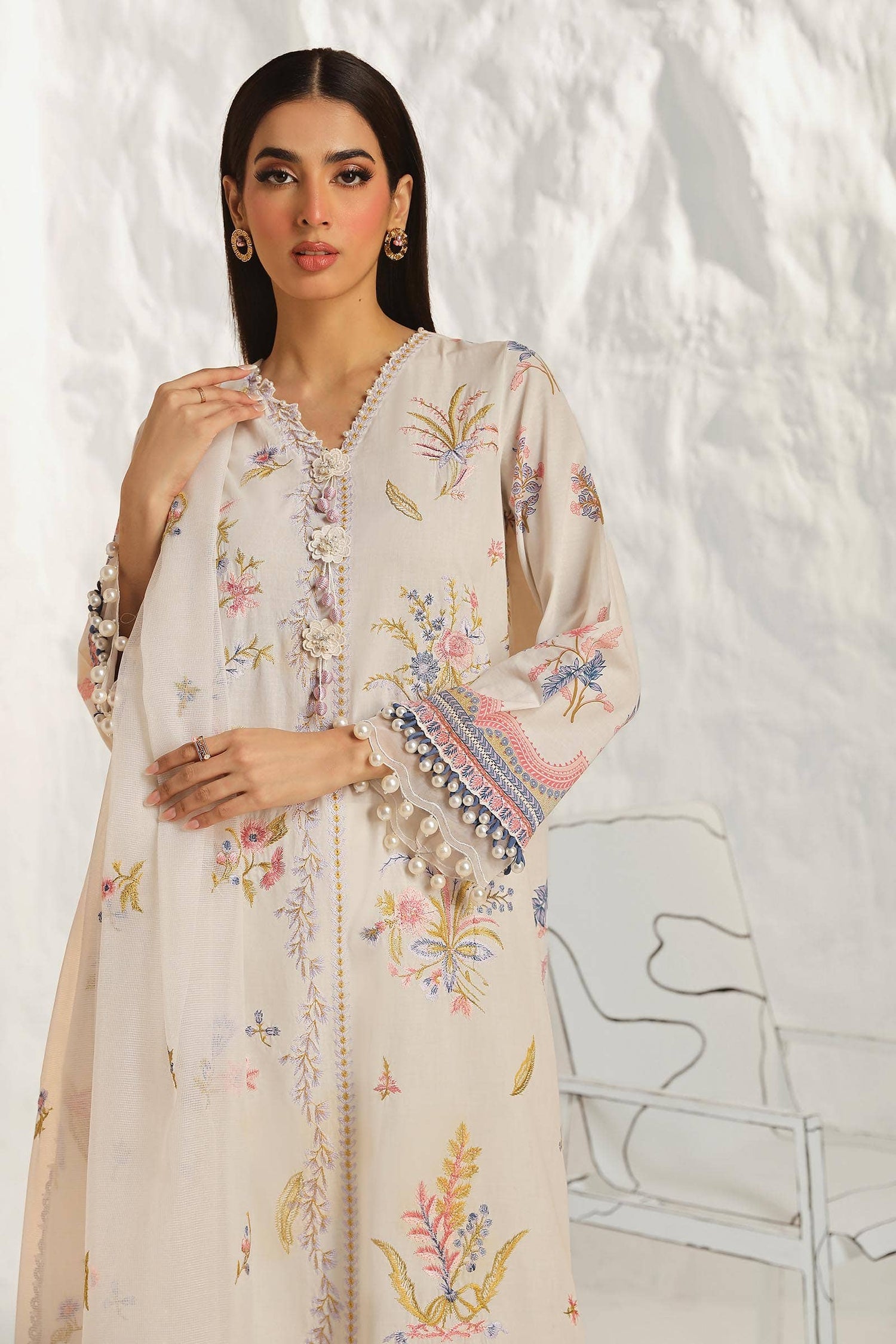 Sana Safinaz 3 Piece Custom Stitched Suit - Beige - LB286836