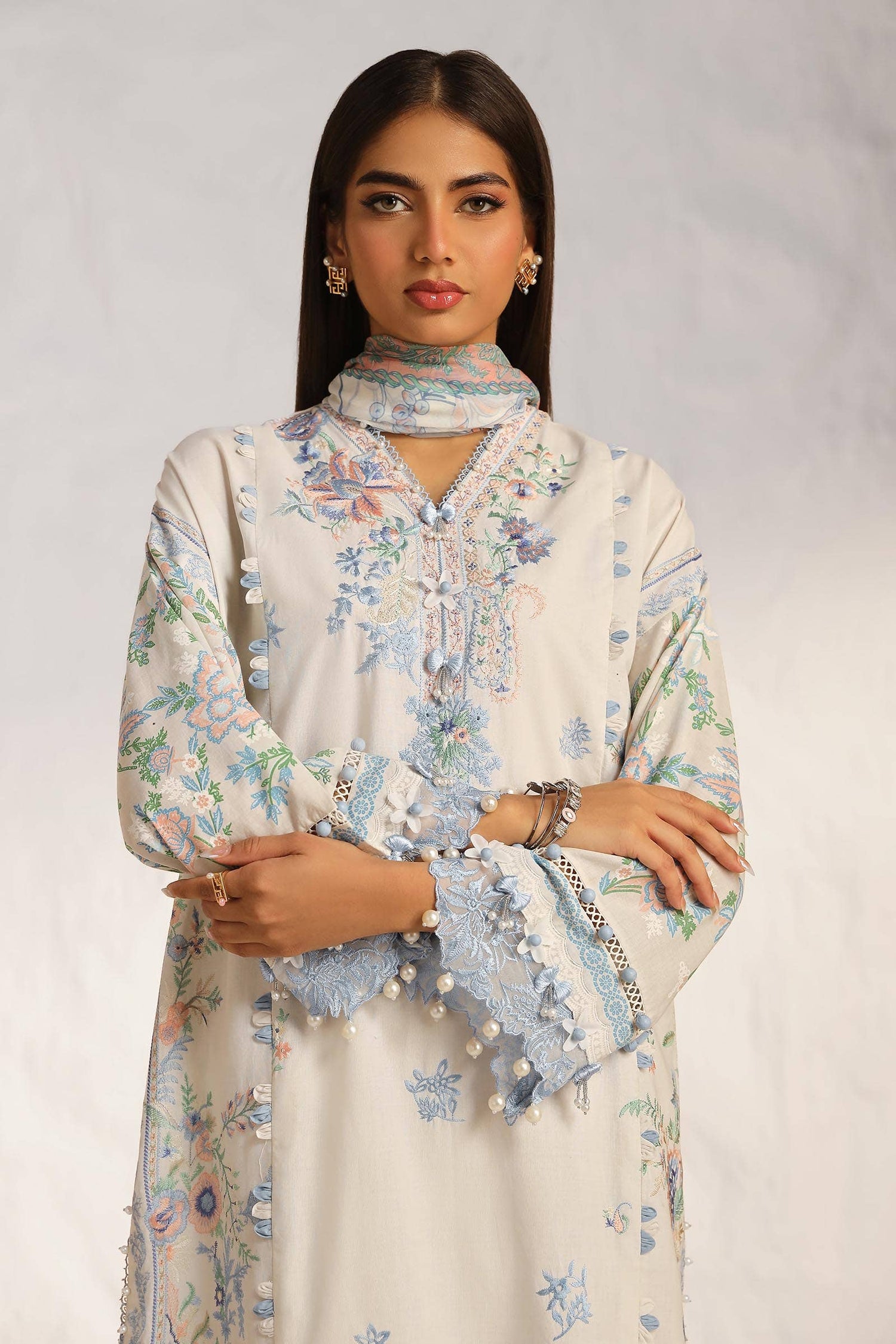 Sana Safinaz 3 Piece Custom Stitched Suit - Off-White - LB286837