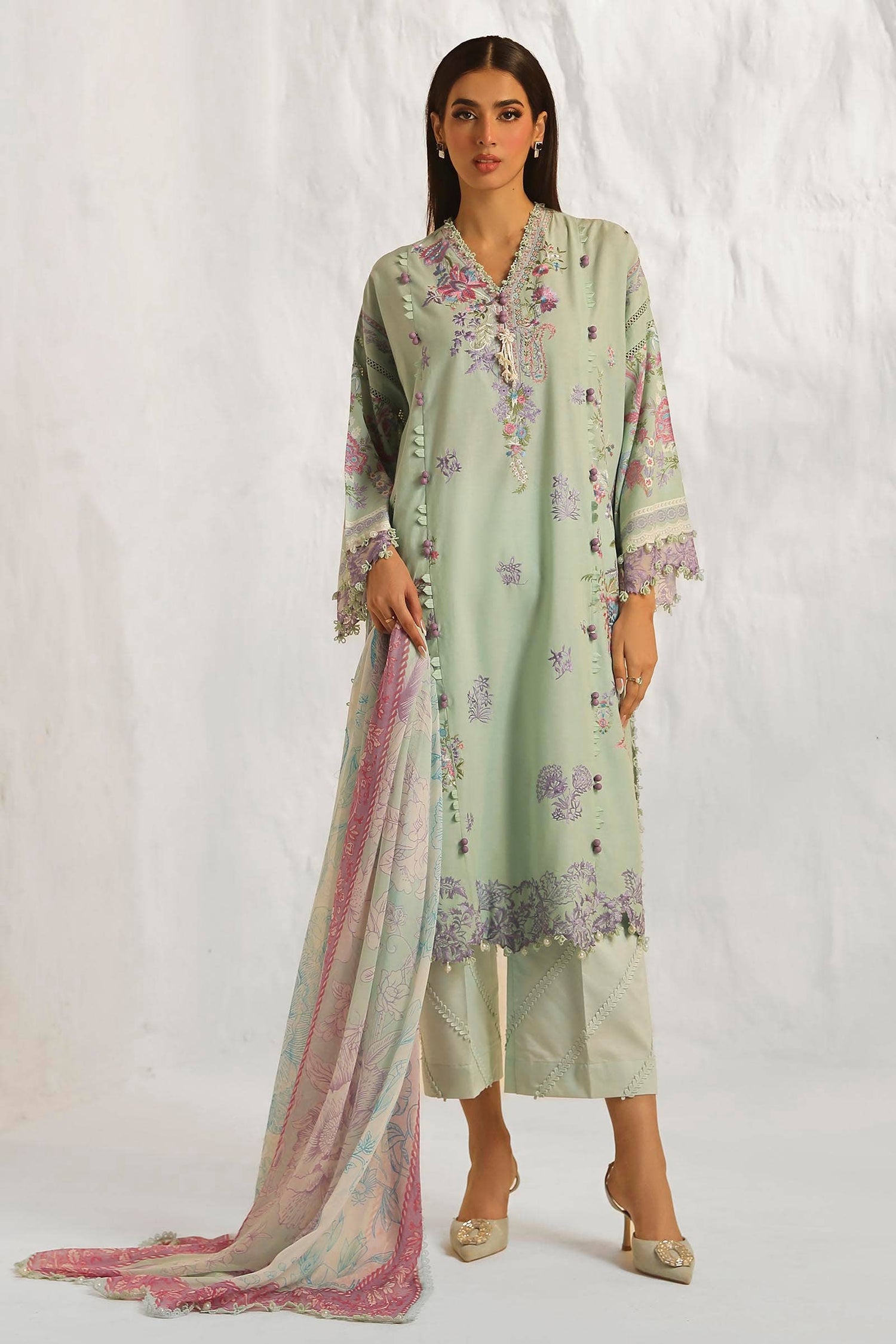 Sana Safinaz 3 Piece Custom Stitched Suit - Green - LB286838