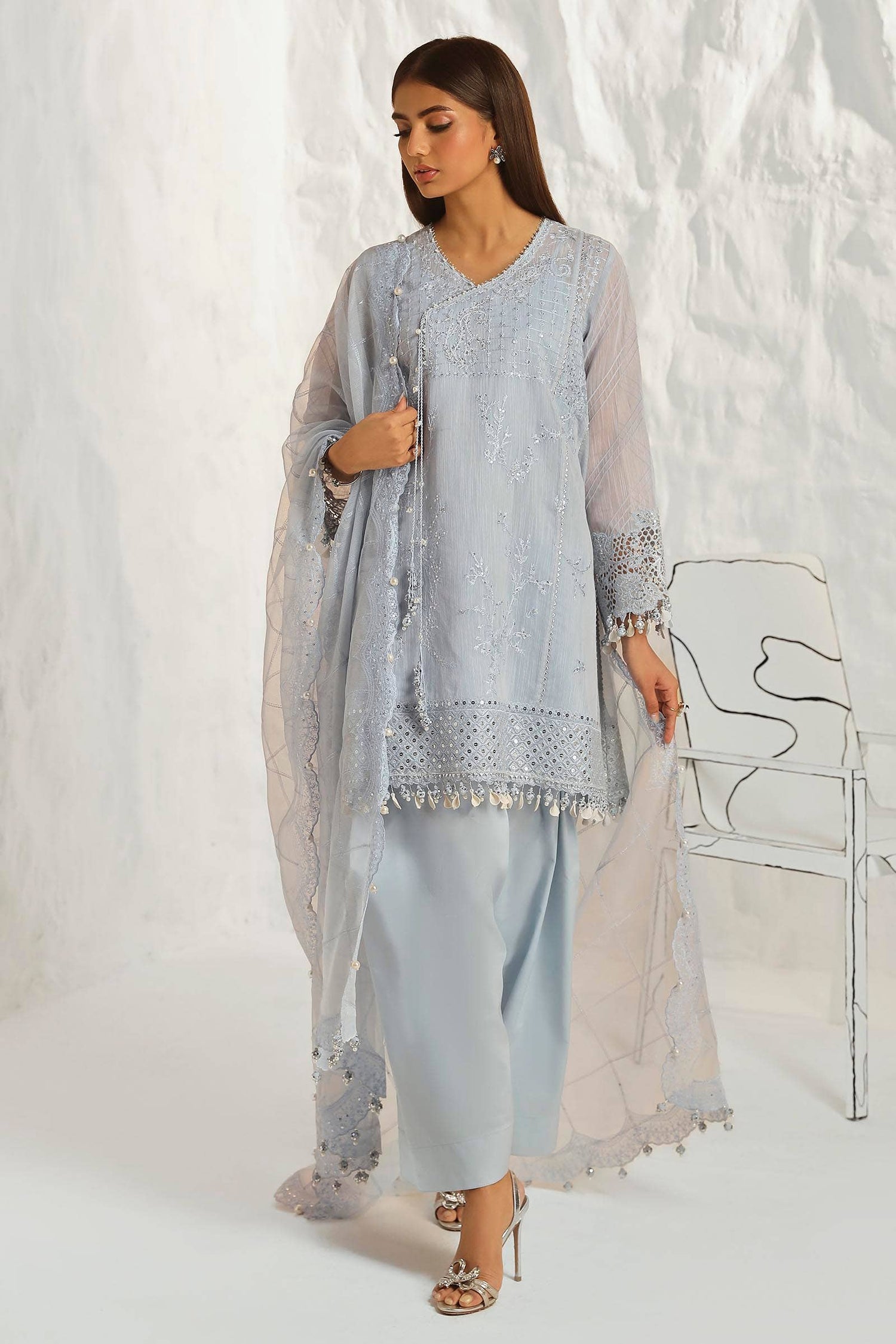 Sana Safinaz 3 Piece Custom Stitched Suit - Blue - LB286839