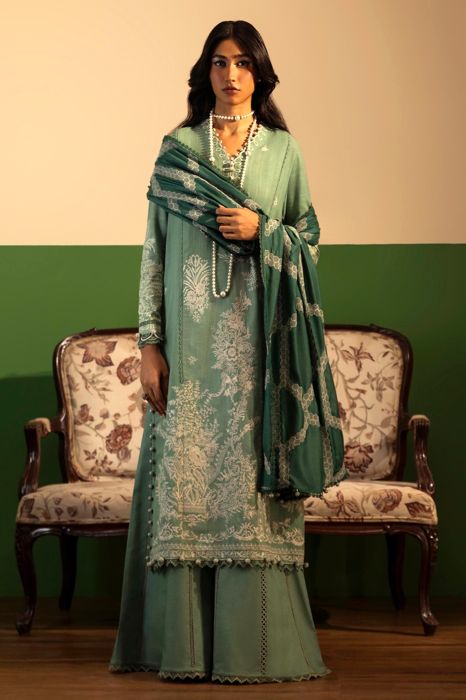 Libasco Sana Safinaz 3 Piece Custom Stitched Suit - Green - LB288446