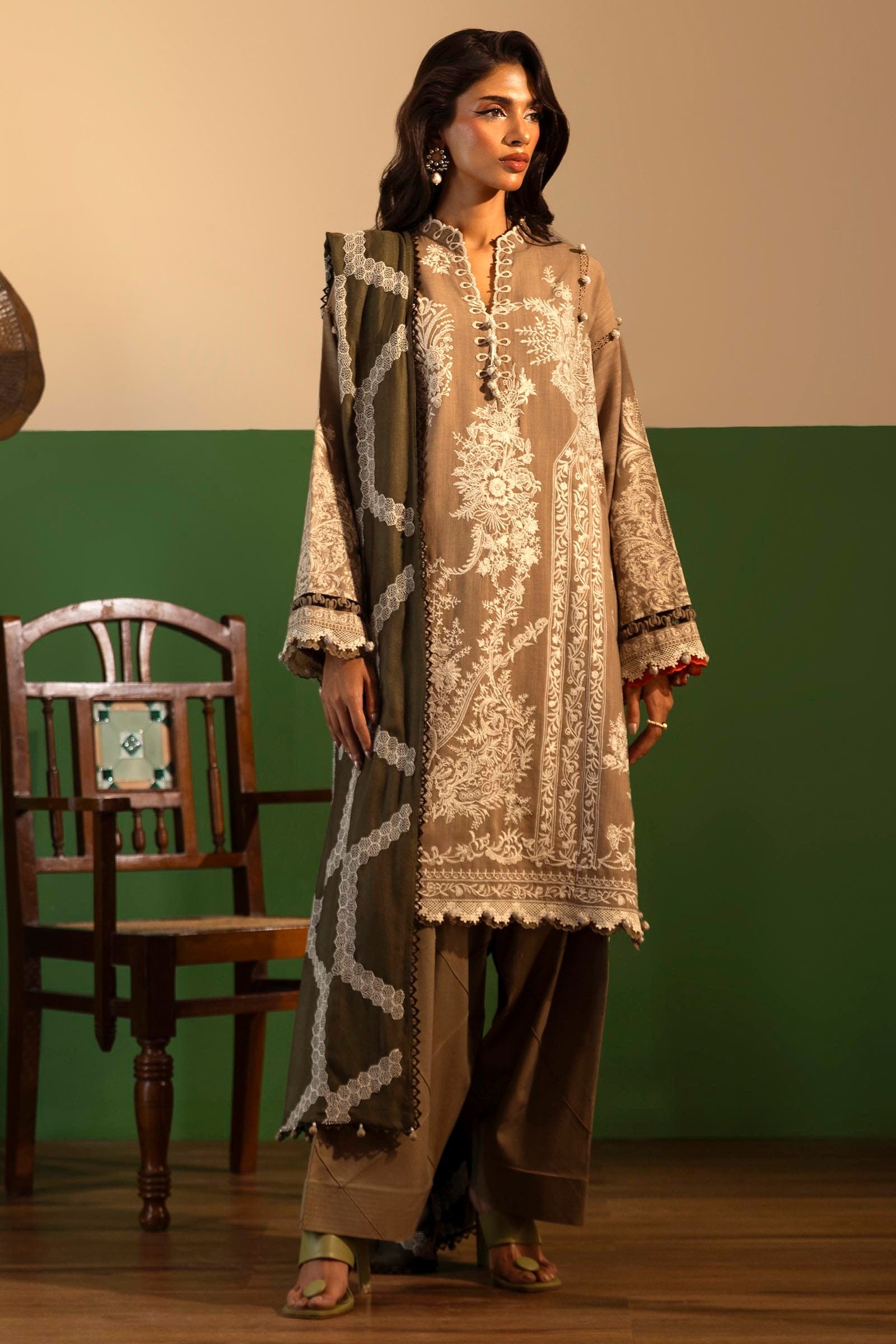 Libasco Sana Safinaz 3 Piece Custom Stitched Suit - Brown - LB288441