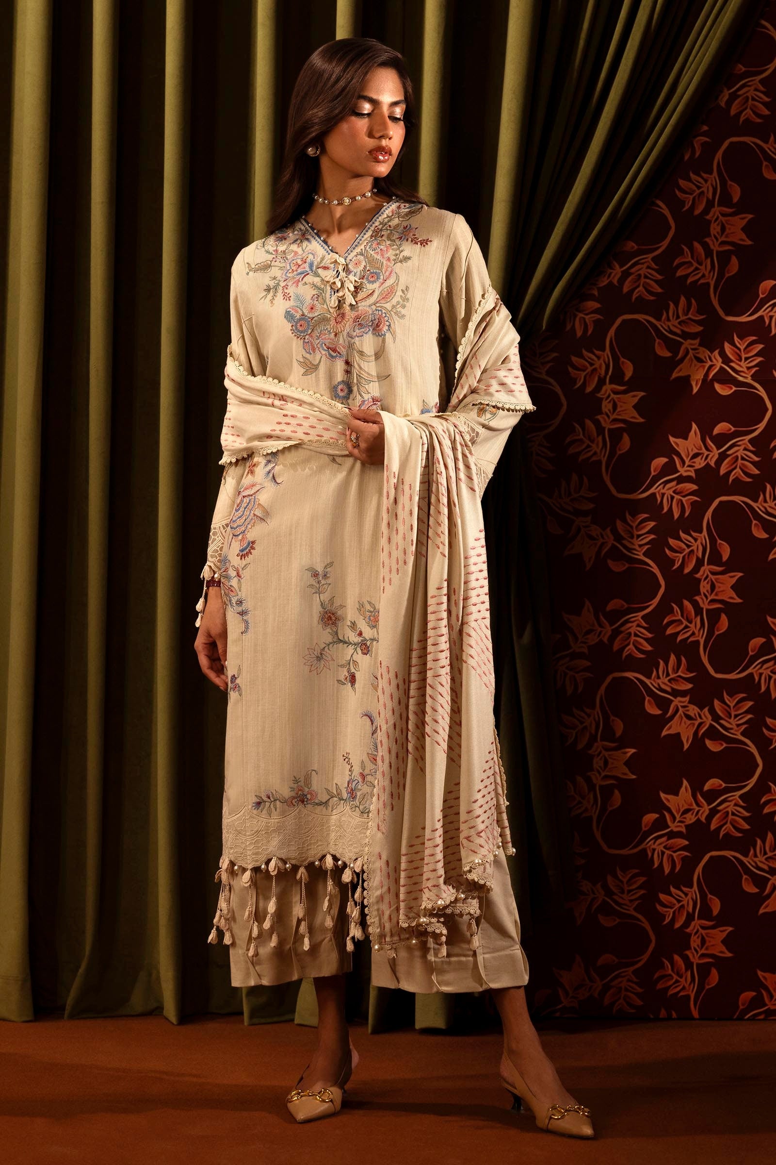 Libasco Sana Safinaz 3 Piece Custom Stitched Suit - Beige - LB288413