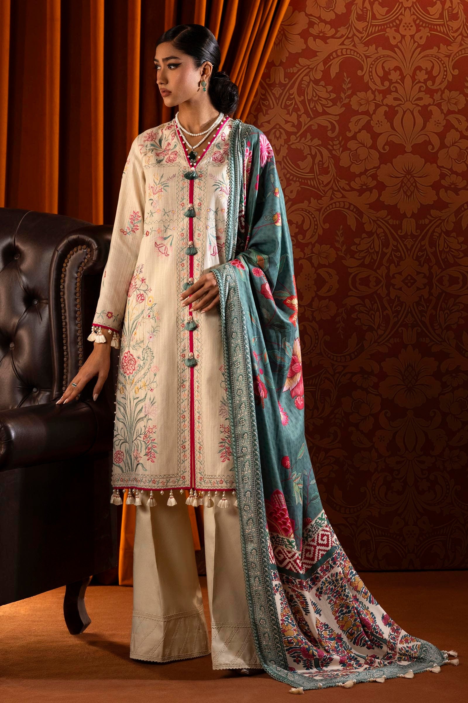 Libasco Sana Safinaz 3 Piece Custom Stitched Suit - Off-White - LB288454