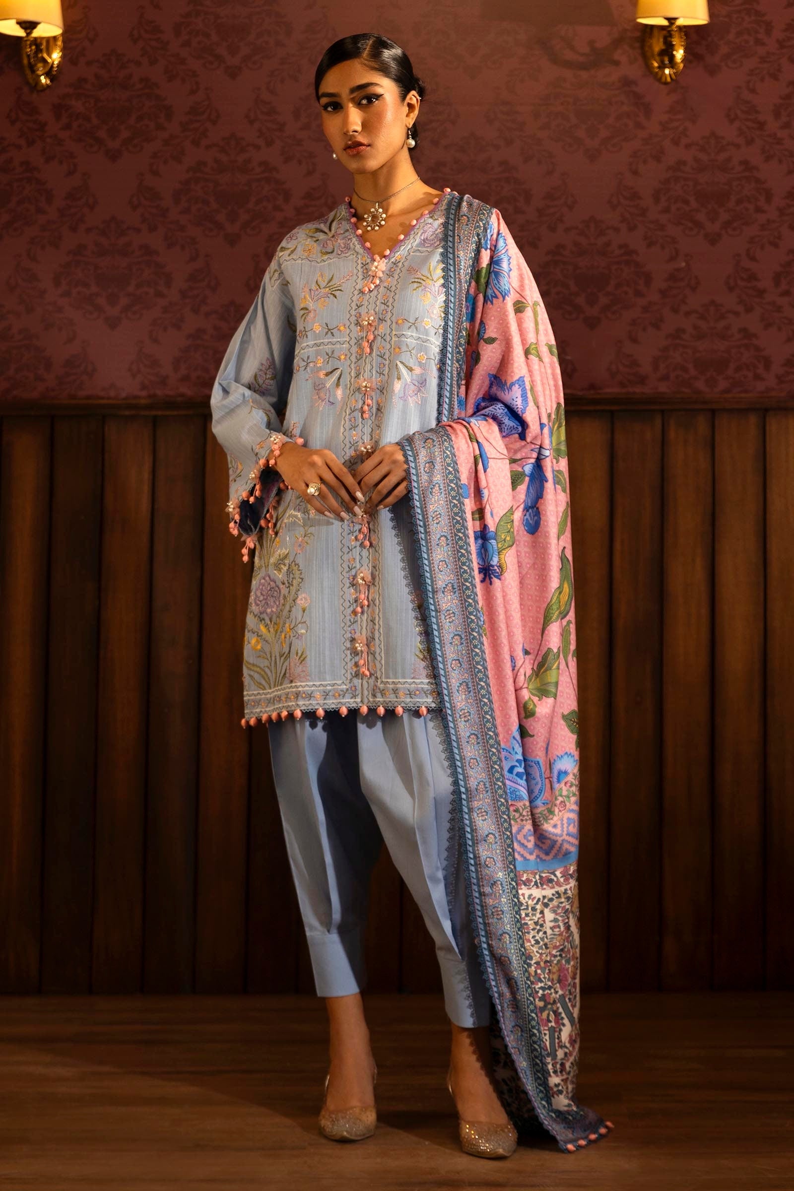 Libasco Sana Safinaz 3 Piece Custom Stitched Suit - Blue - LB288431