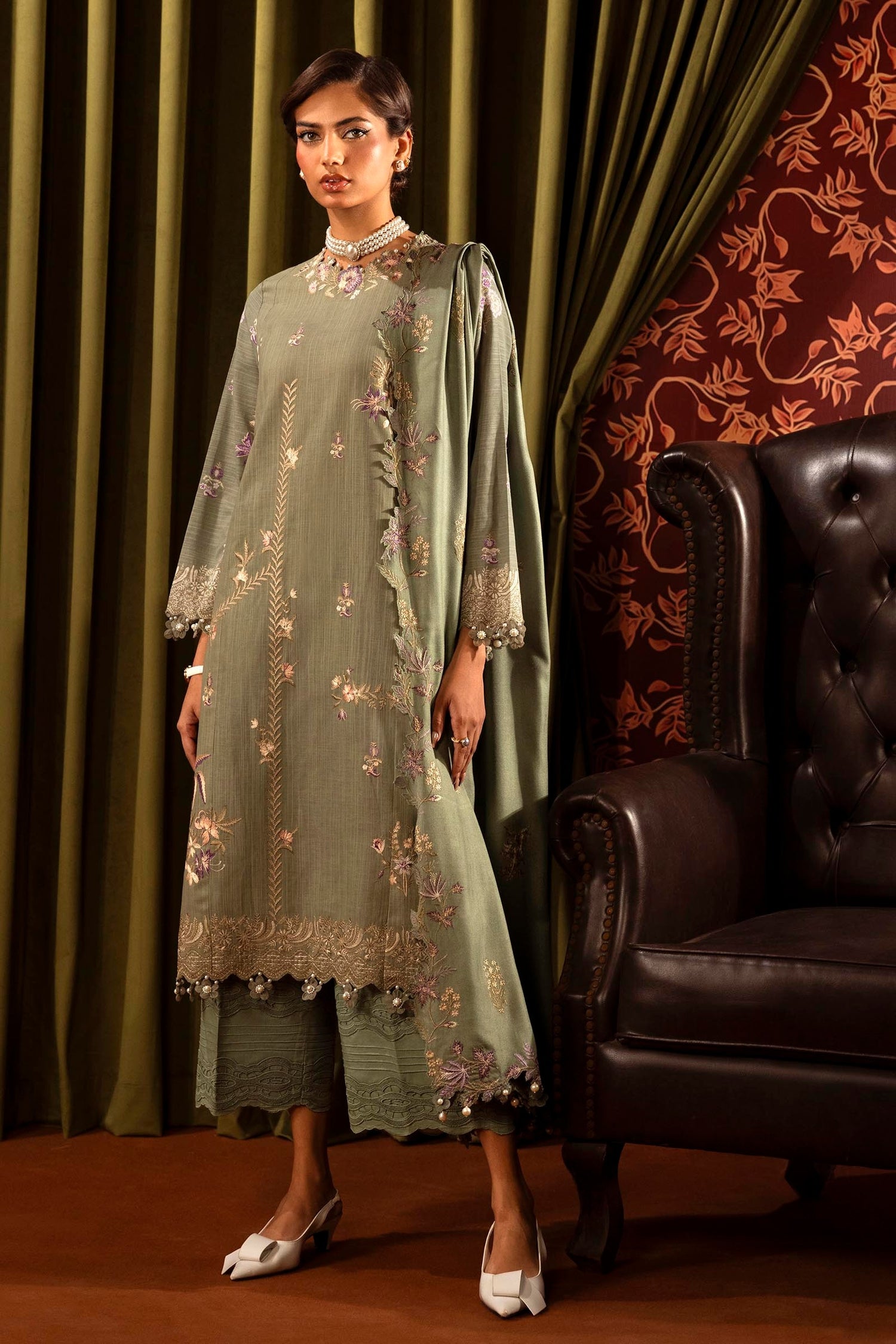 Libasco Sana Safinaz 3 Piece Custom Stitched Suit - Green - LB288448