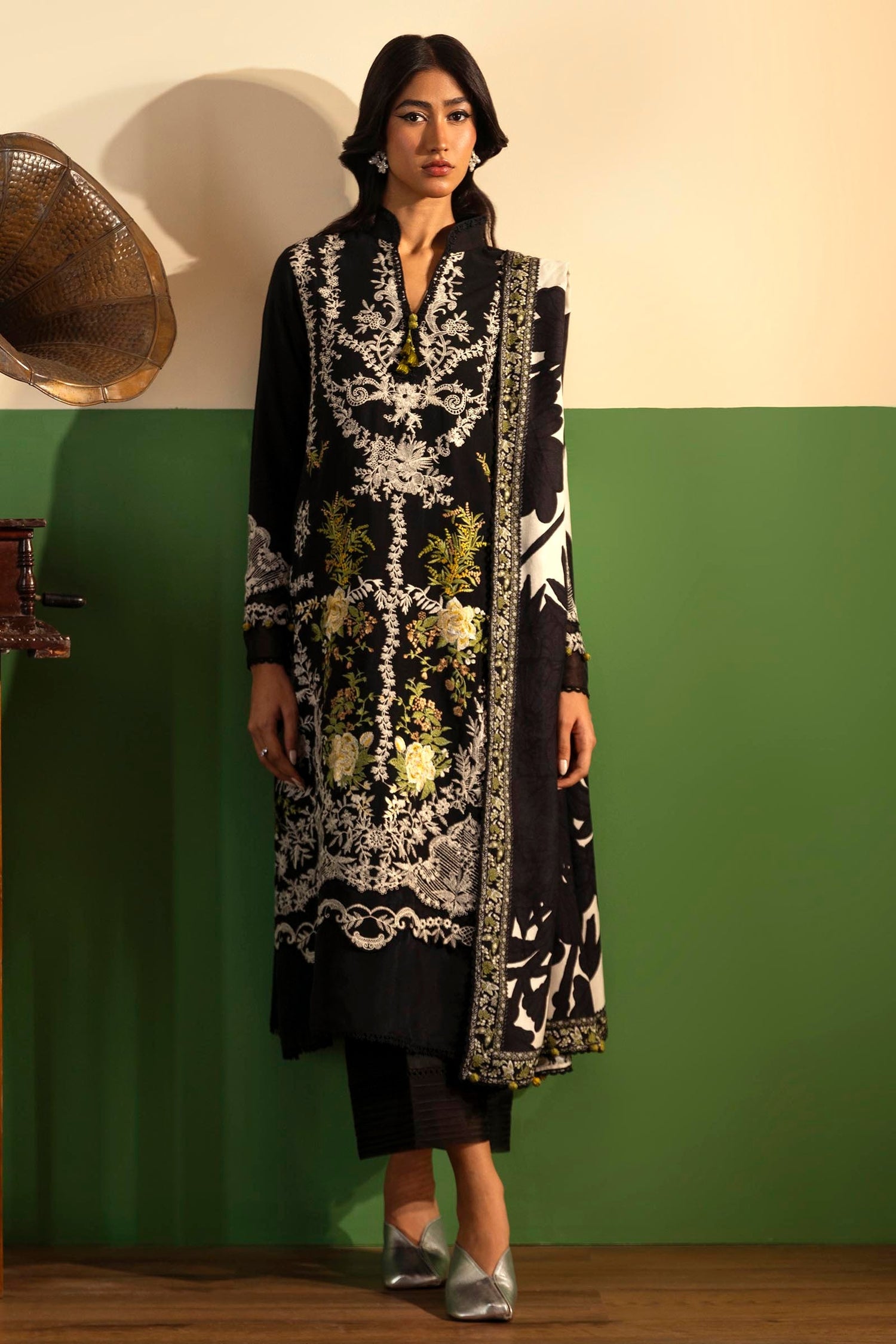 Libasco Sana Safinaz 3 Piece Custom Stitched Suit - Black - LB288424