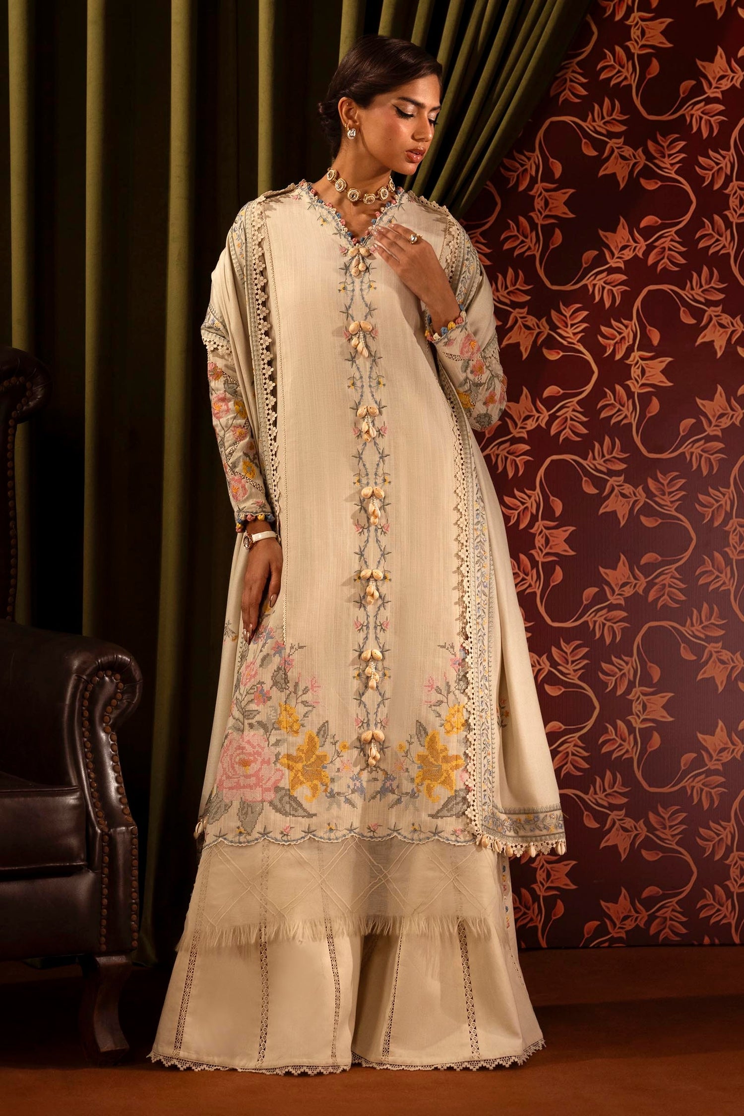 Libasco Sana Safinaz 3 Piece Custom Stitched Suit - Off-White - LB288455