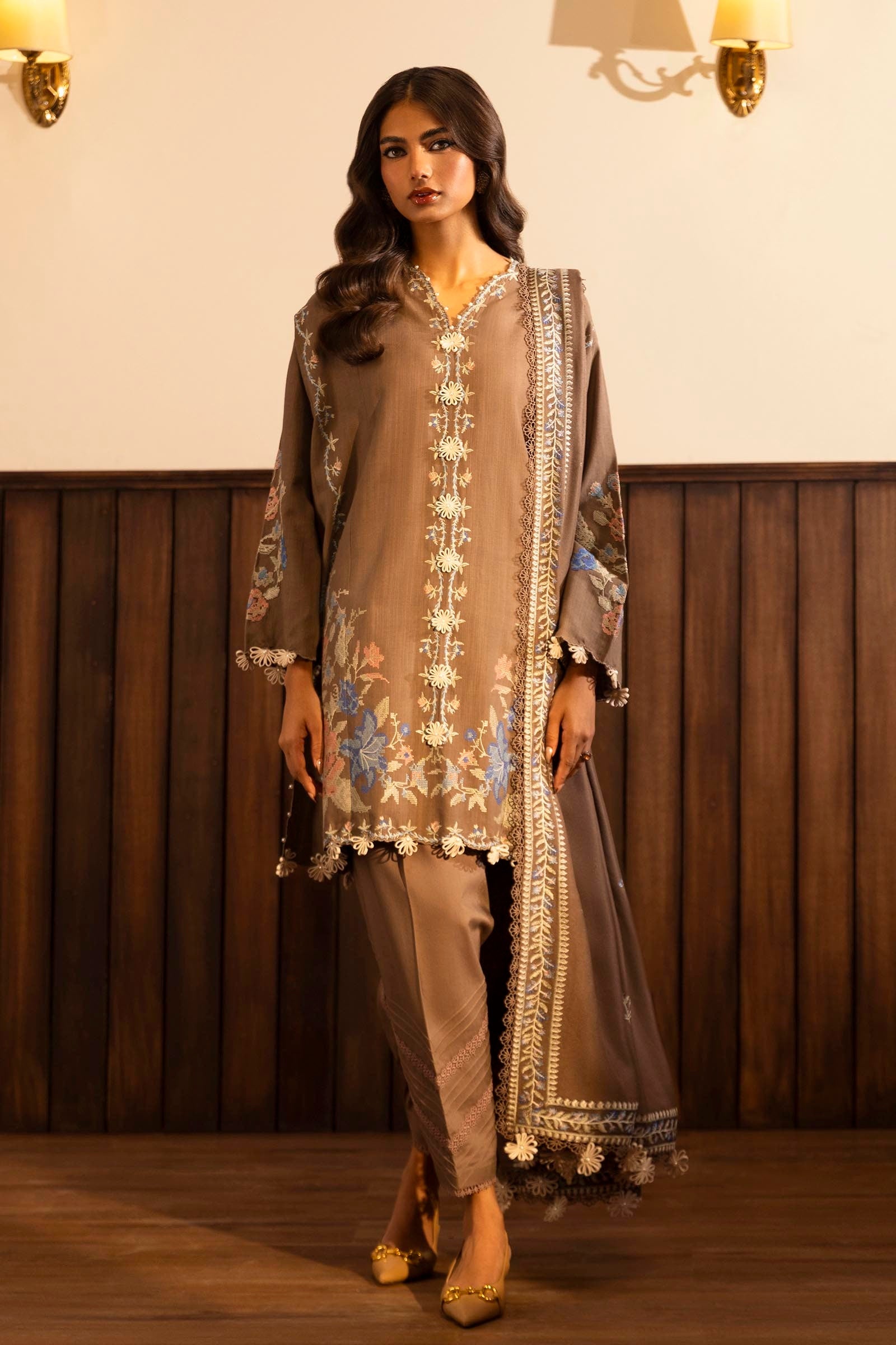 Libasco Sana Safinaz 3 Piece Custom Stitched Suit - Brown - LB288442