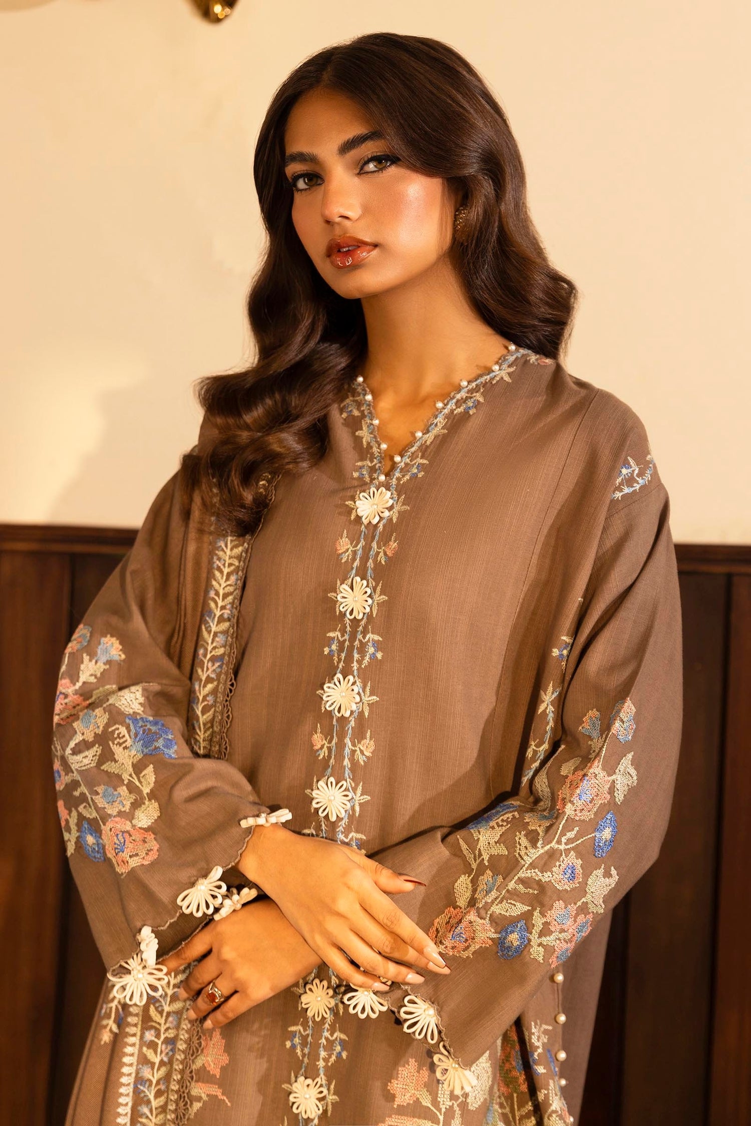 Sana Safinaz 3 Piece Custom Stitched Suit - Brown - LB288442