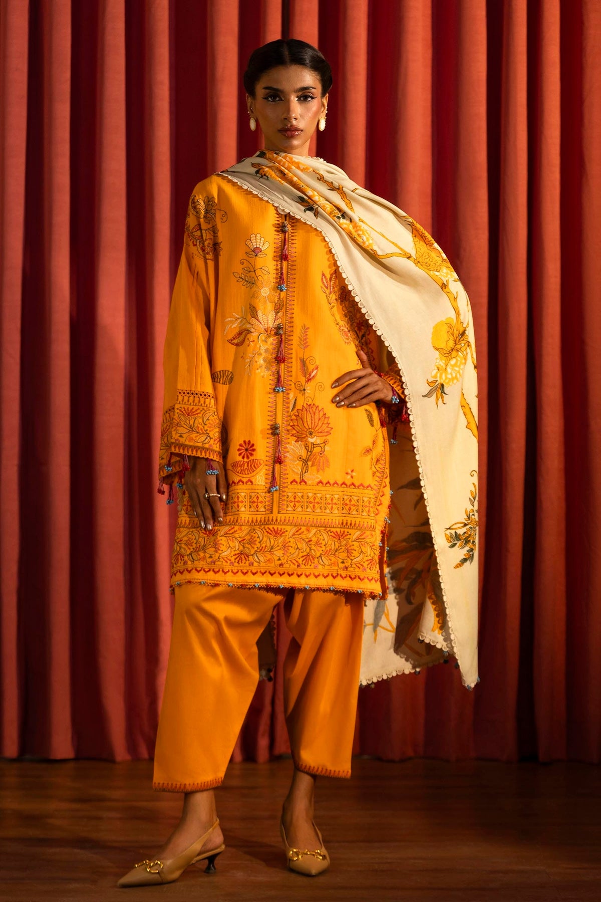 Libasco Sana Safinaz 3 Piece Custom Stitched Suit - Yellow - LB288481