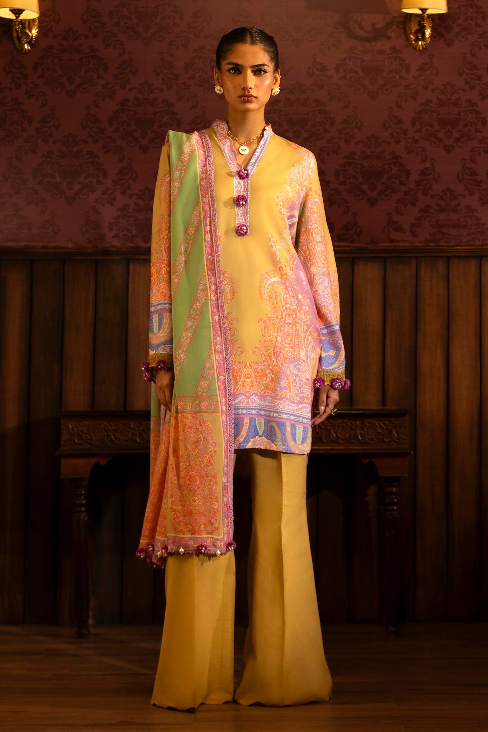 Libasco Sana Safinaz 3 Piece Custom Stitched Suit - Yellow - LB288482