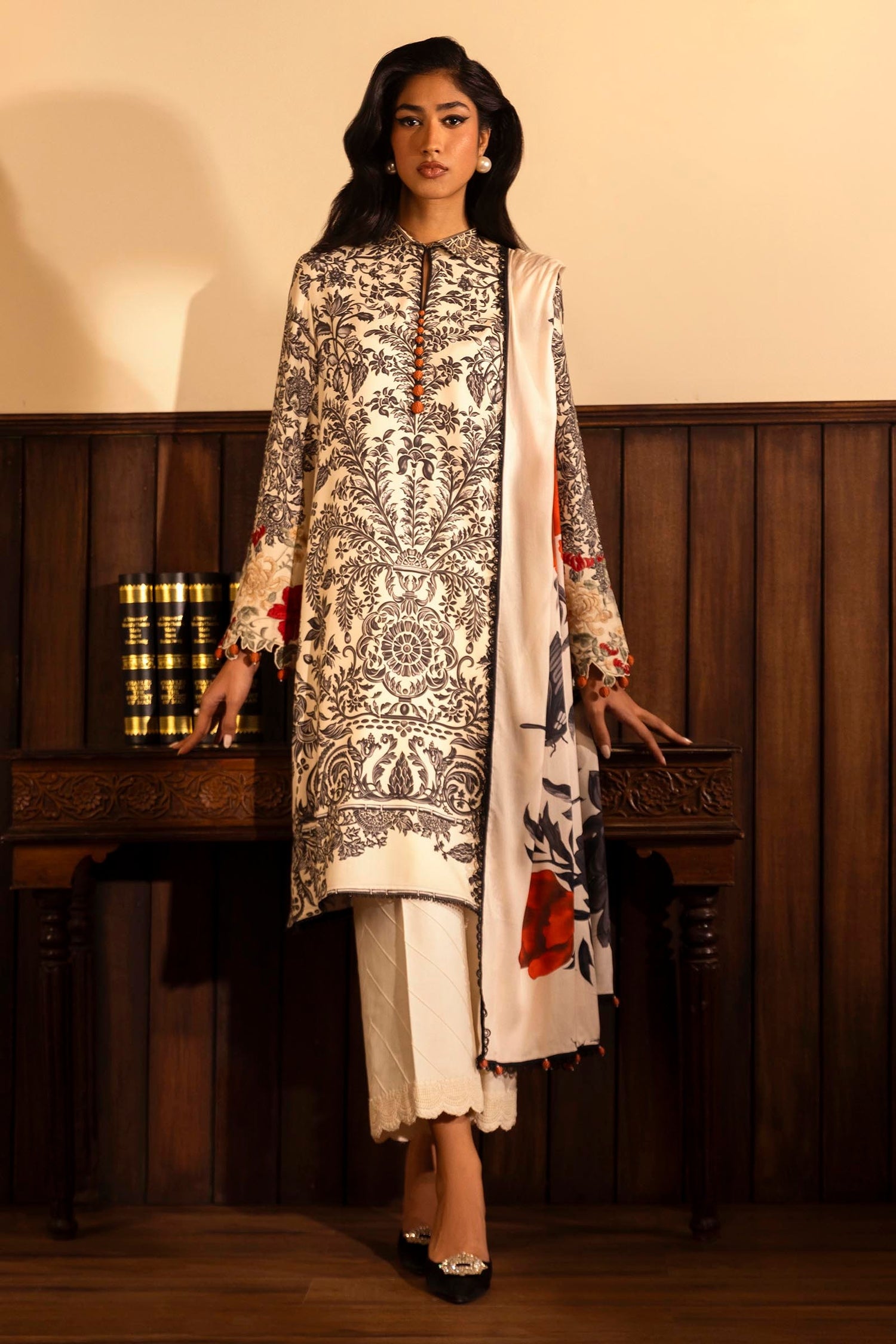 Libasco Sana Safinaz 3 Piece Custom Stitched Suit - Off-White - LB288458