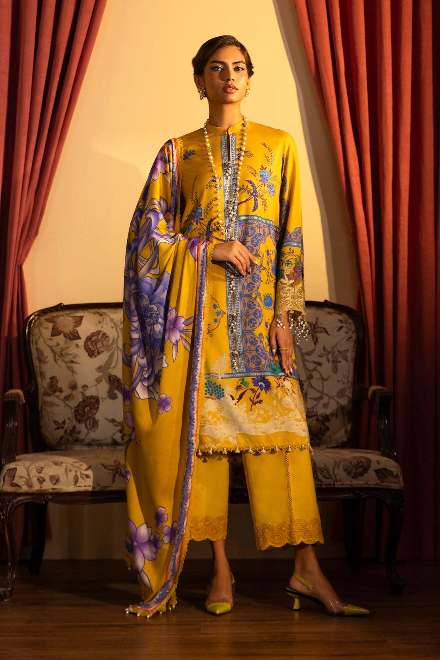 Libasco Sana Safinaz 3 Piece Custom Stitched Suit - Yellow - LB288484