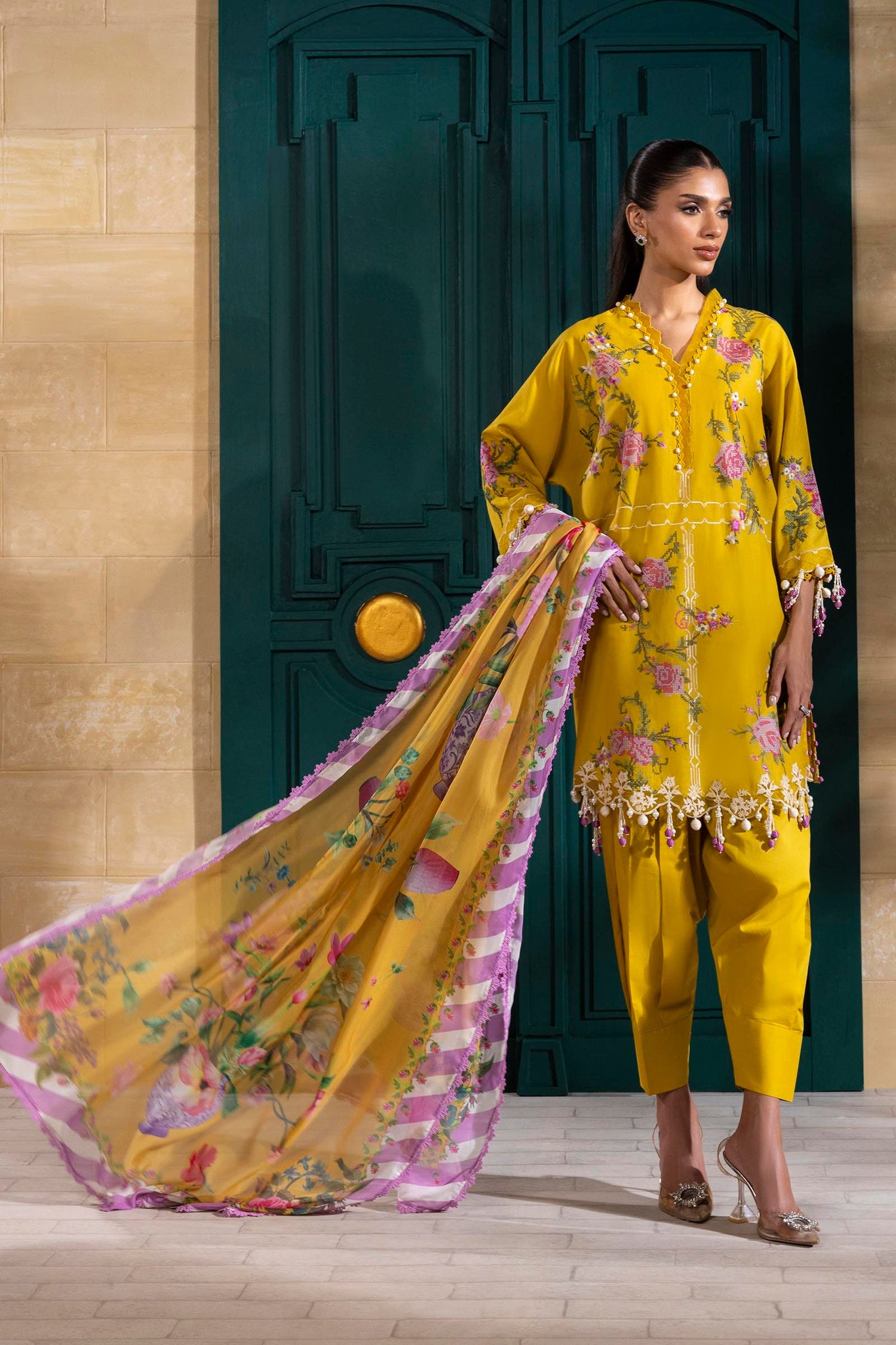 Sana Safinaz 3 Piece Custom Stitched Suit - Yellow - LB29389