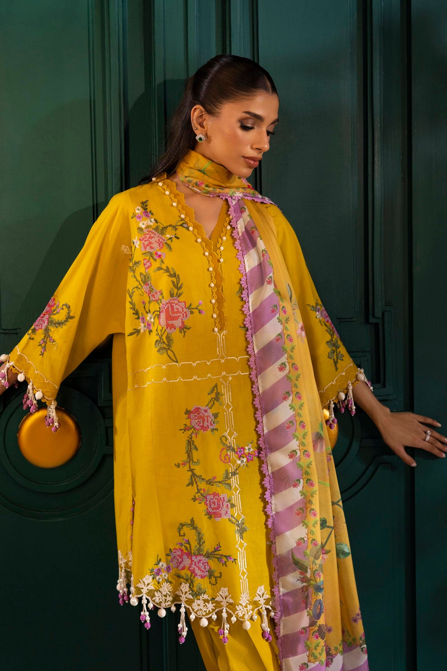 Sana Safinaz 3 Piece Custom Stitched Suit - Yellow - LB29389