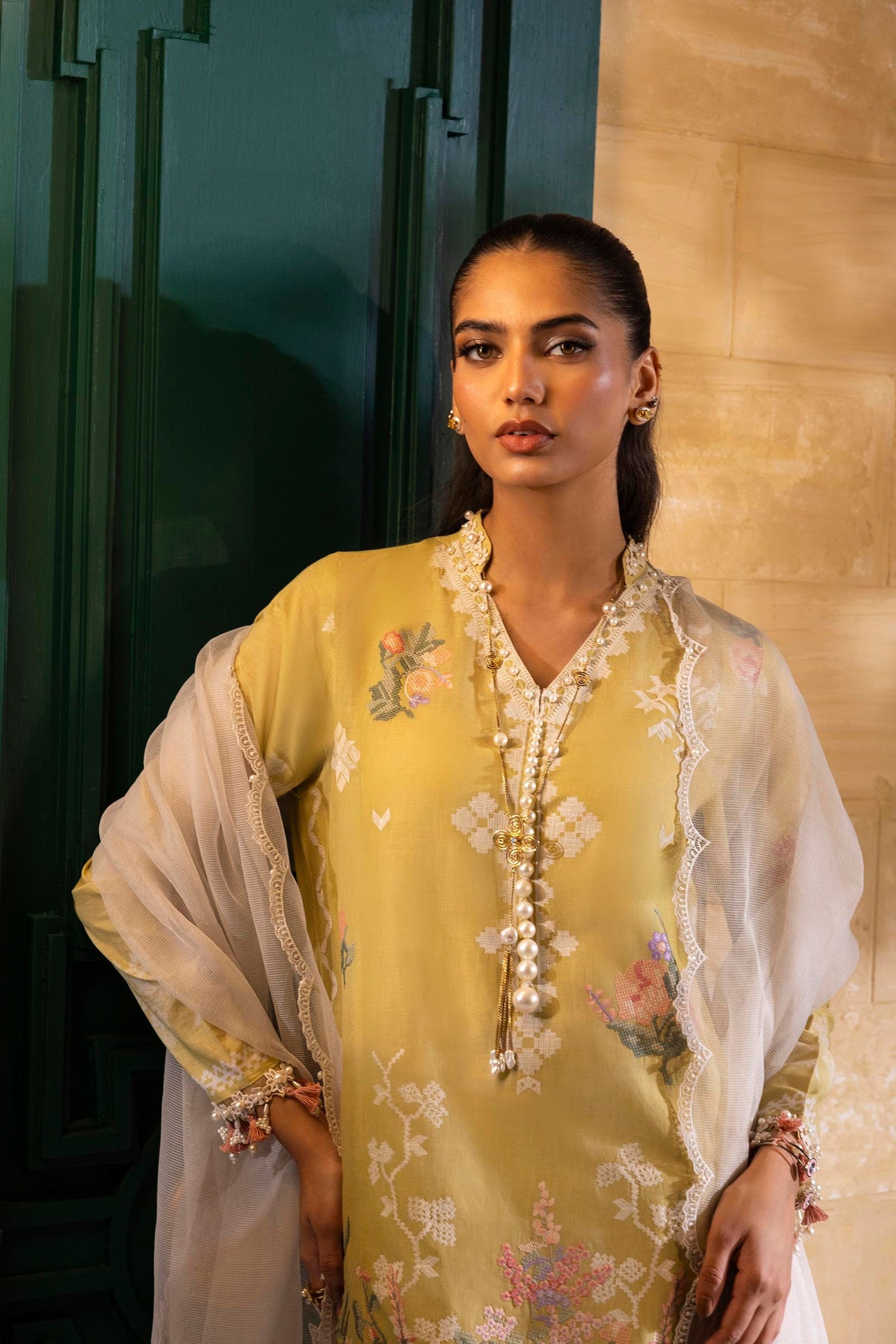 Sana Safinaz 3 Piece Custom Stitched Suit - Yellow - LB29393