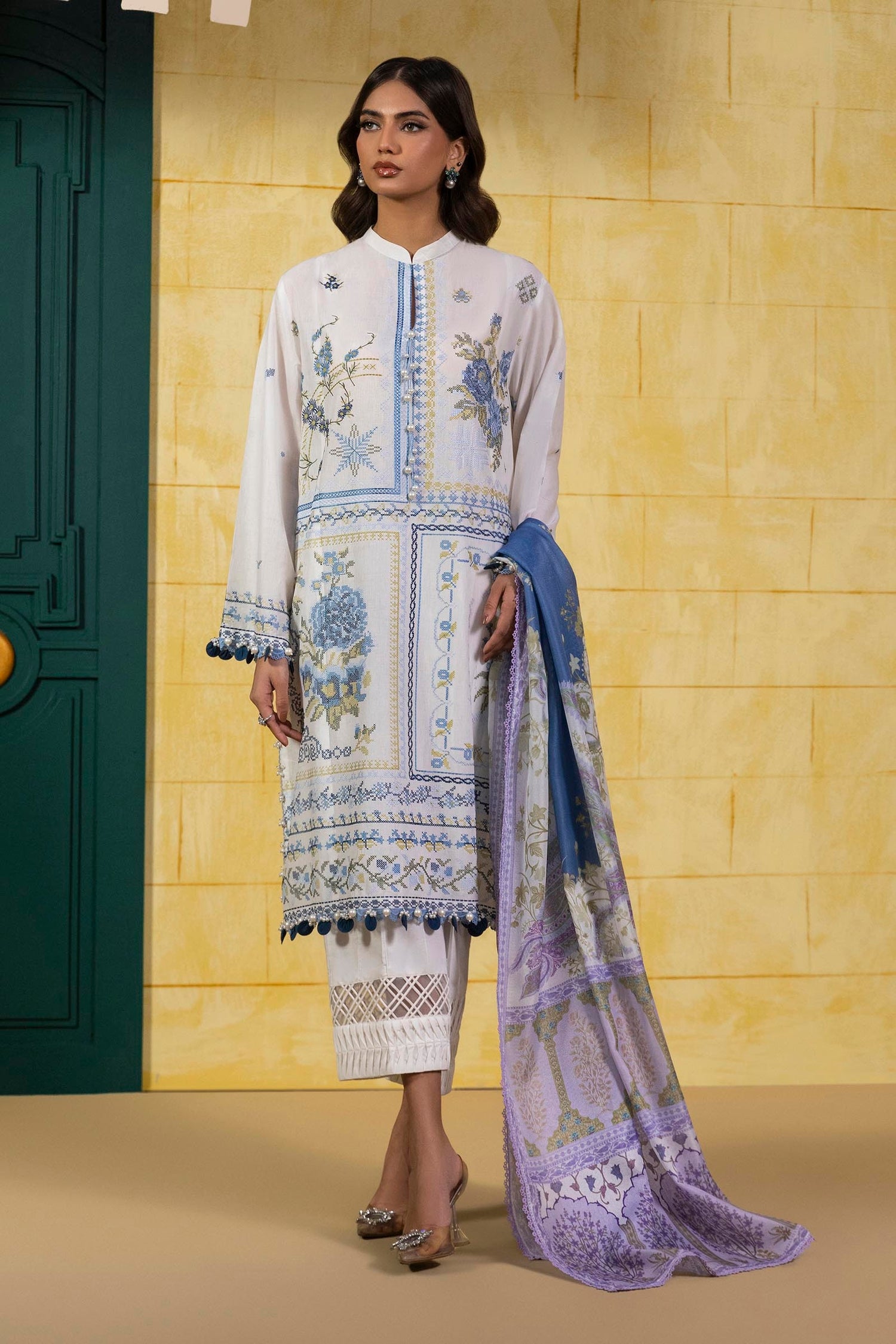 Sana Safinaz 3 Piece Custom Stitched Suit - Off-White - LB29397