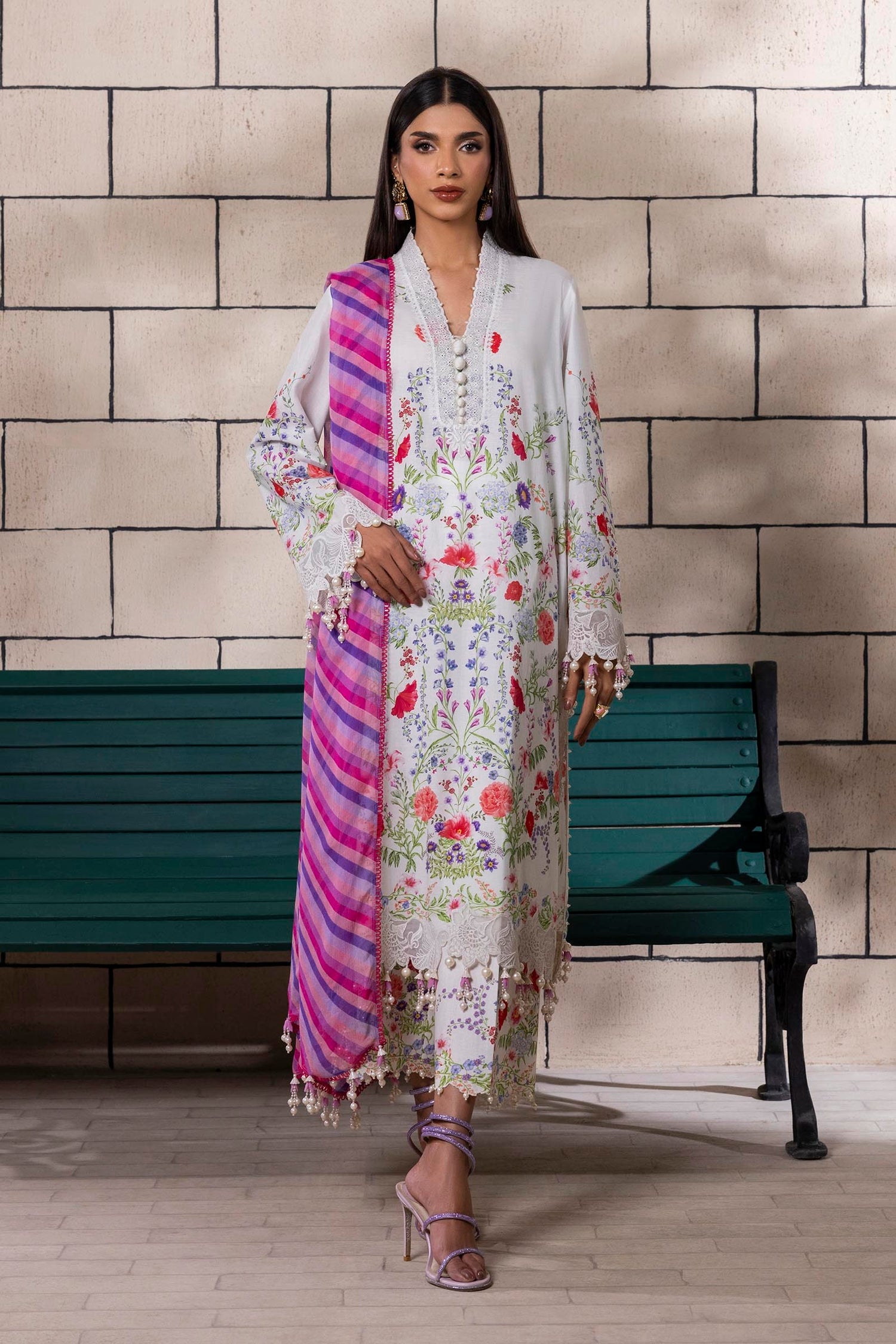 Sana Safinaz 3 Piece Custom Stitched Suit - Off-White - LB29407