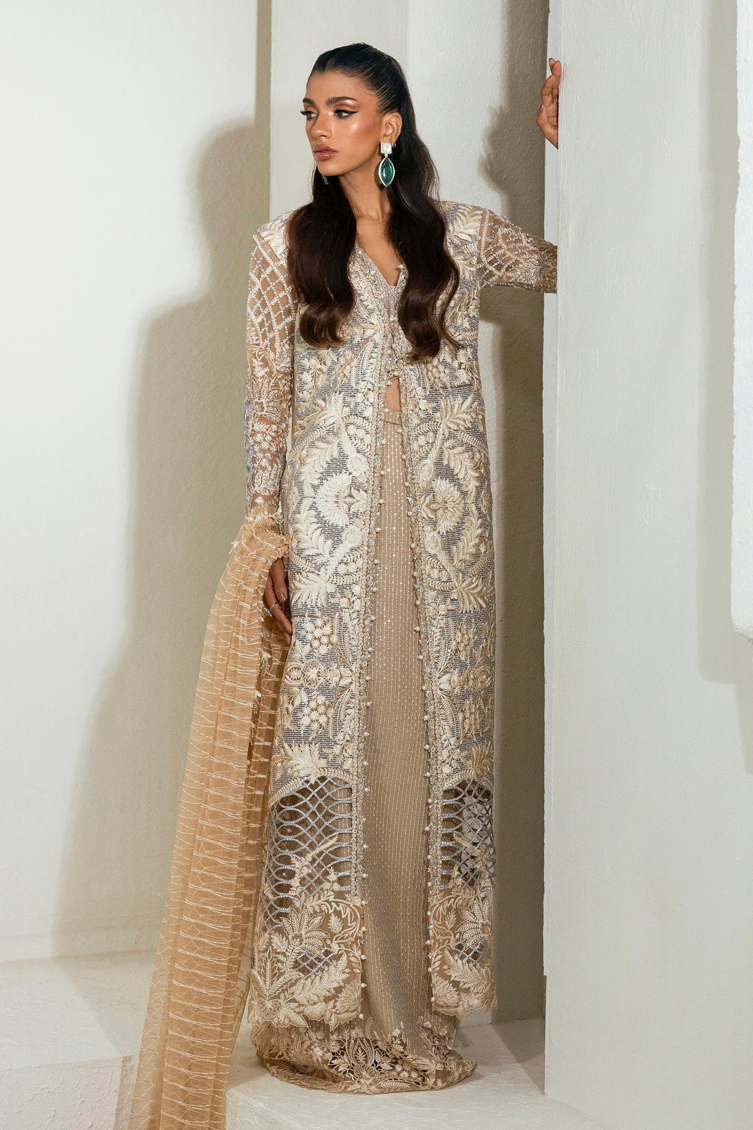 Sana Safinaz 3 Piece Custom Stitched Suit - Beige - LB287964