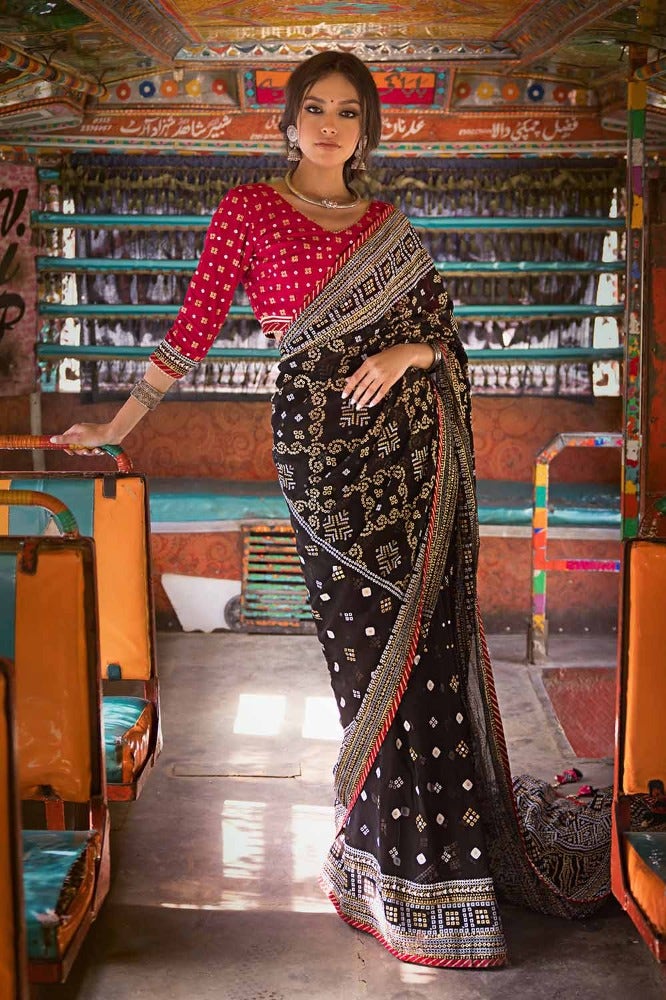 Gul Ahmed 2 Piece Custom Stitched Saree - Black - LB29250