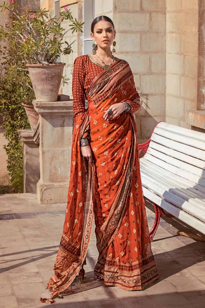 Gul Ahmed 2 Piece Custom Stitched Saree - Brown - LB29251