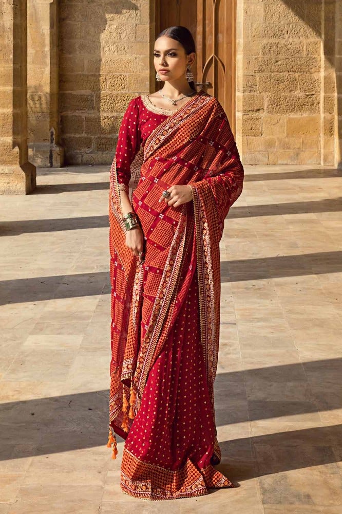 Gul Ahmed 2 Piece Custom Stitched Saree - Red - LB29249