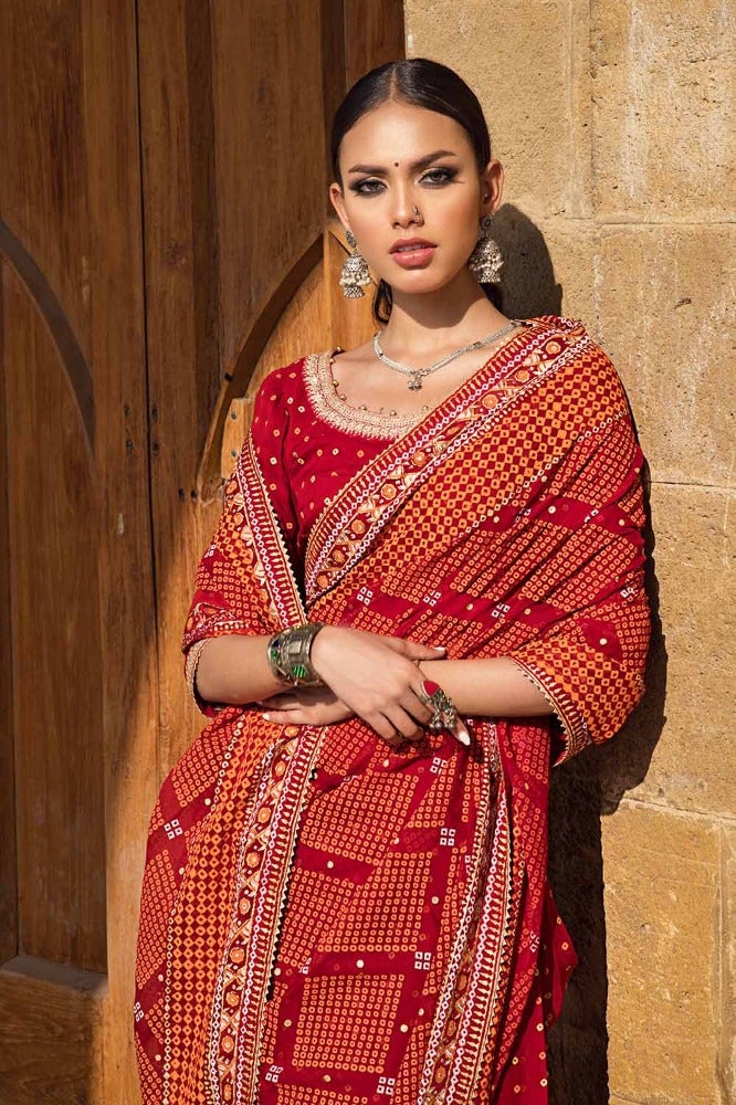 Gul Ahmed 2 Piece Custom Stitched Saree - Red - LB29249