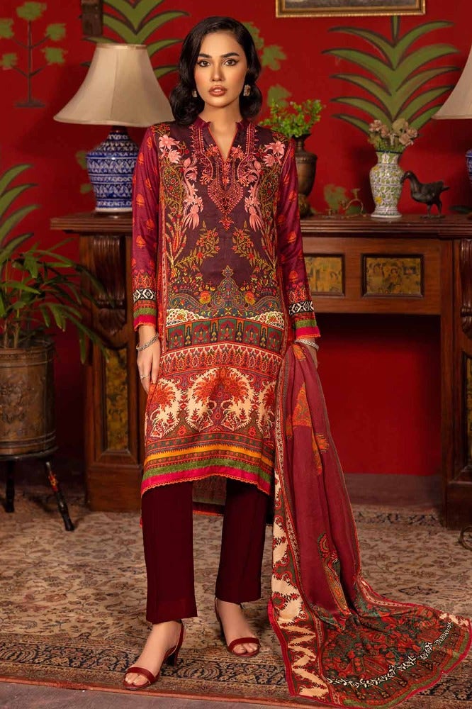 Gul Ahmed 3 Piece Custom Stitched Suit - Maroon - LB288018