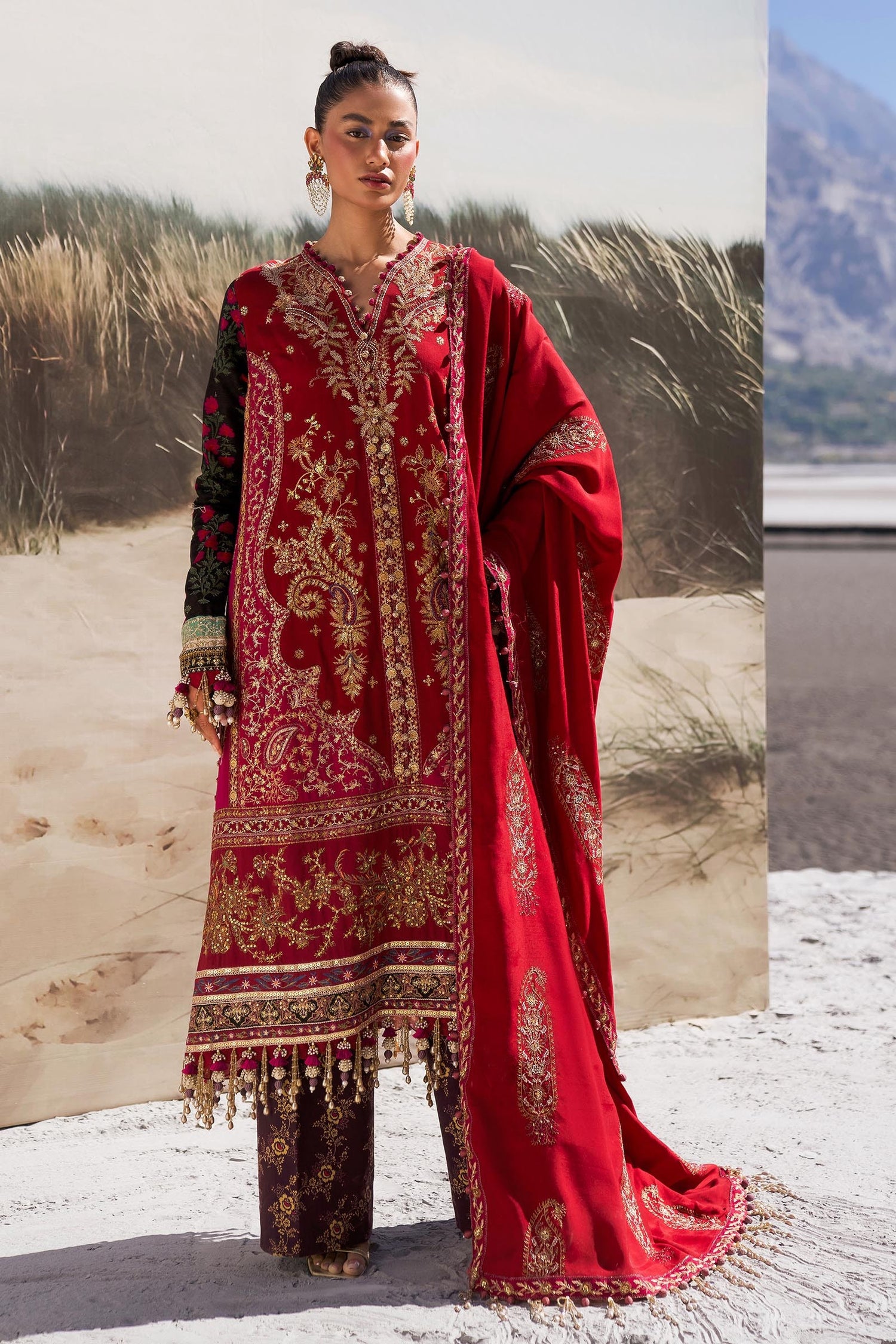 Libasco Sana Safinaz 3 Piece Custom Stitched Suit - Red - LB288478