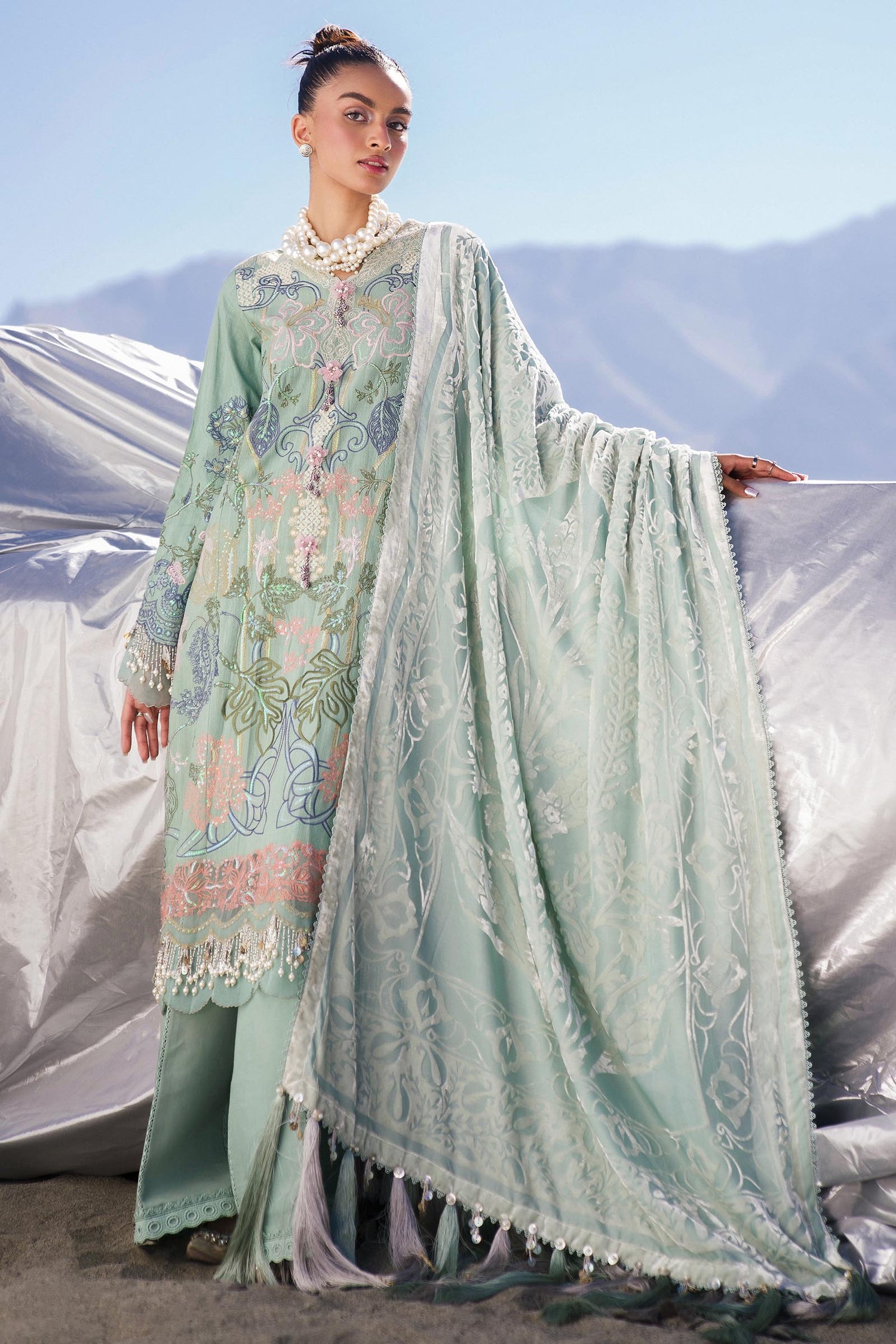 Libasco Sana Safinaz 3 Piece Custom Stitched Suit - Green - LB288450