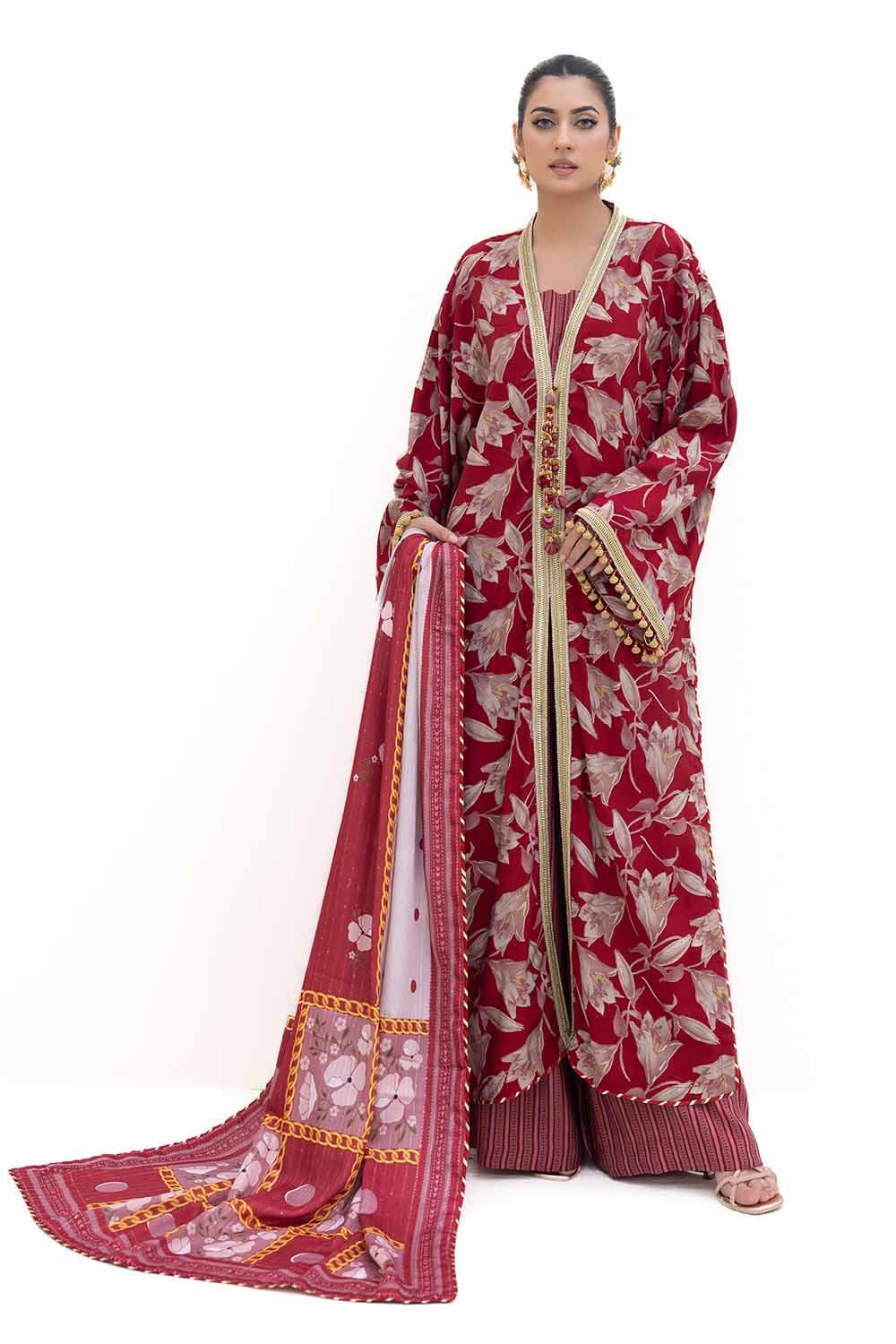 Gul Ahmed 3 Piece Custom Stitched Suit - Red - LB287988