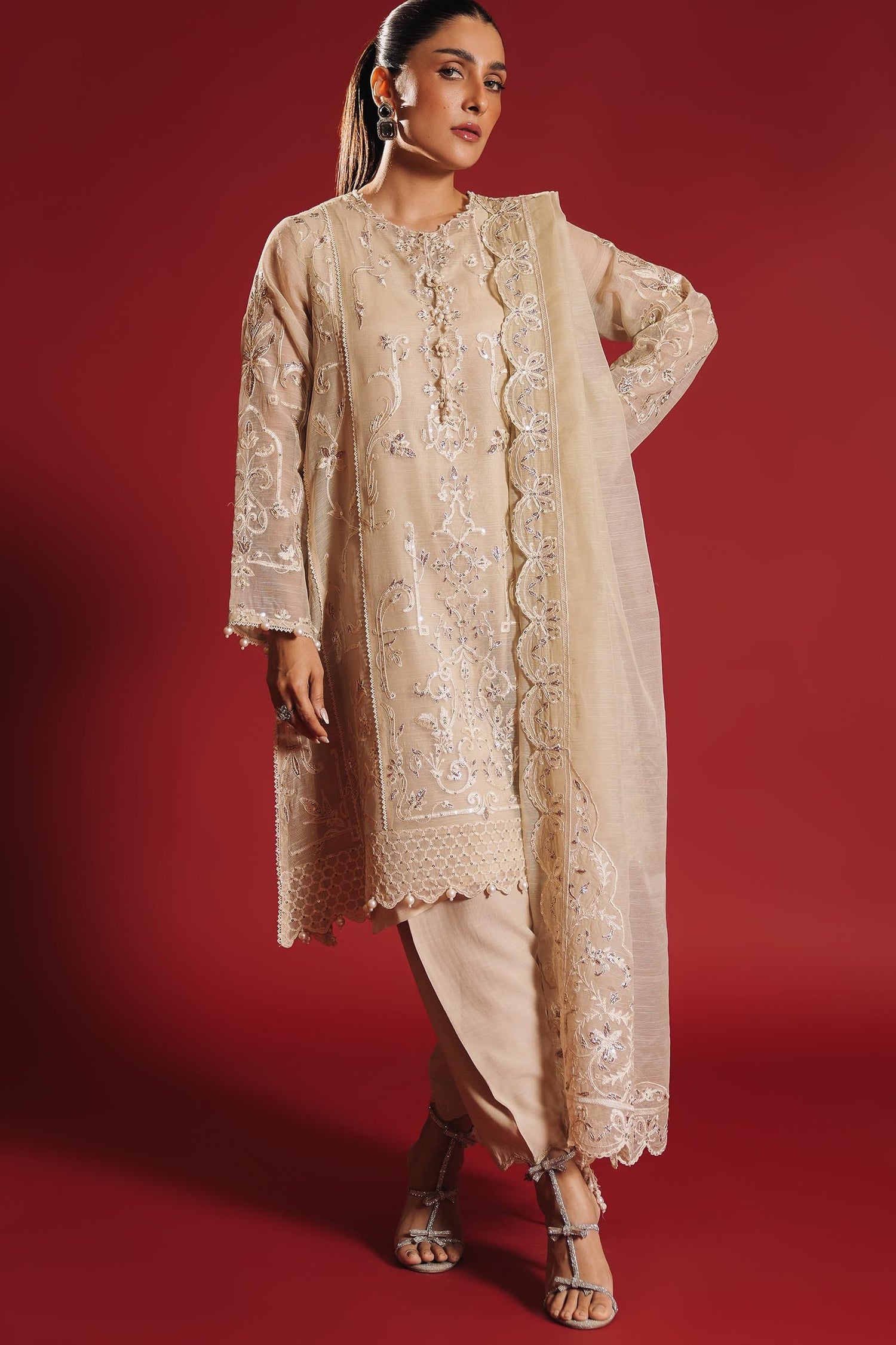 Sana Safinaz 3 Piece Ready to Wear Suit - Beige - LB29818