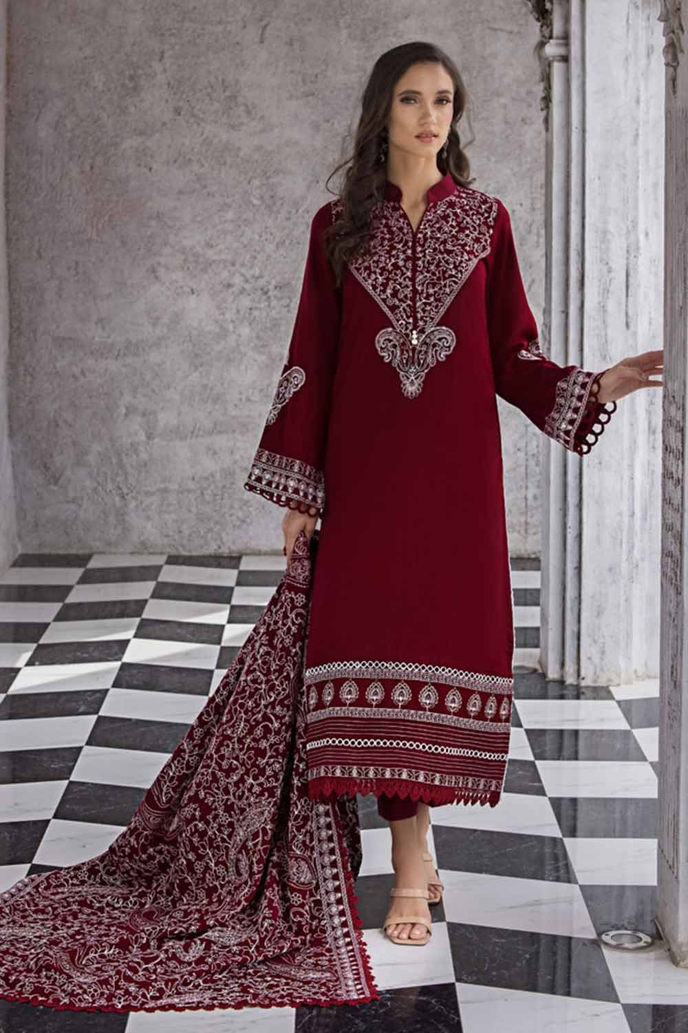 Gul Ahmed 3 Piece Custom Stitched Suit - Maroon - LB284981